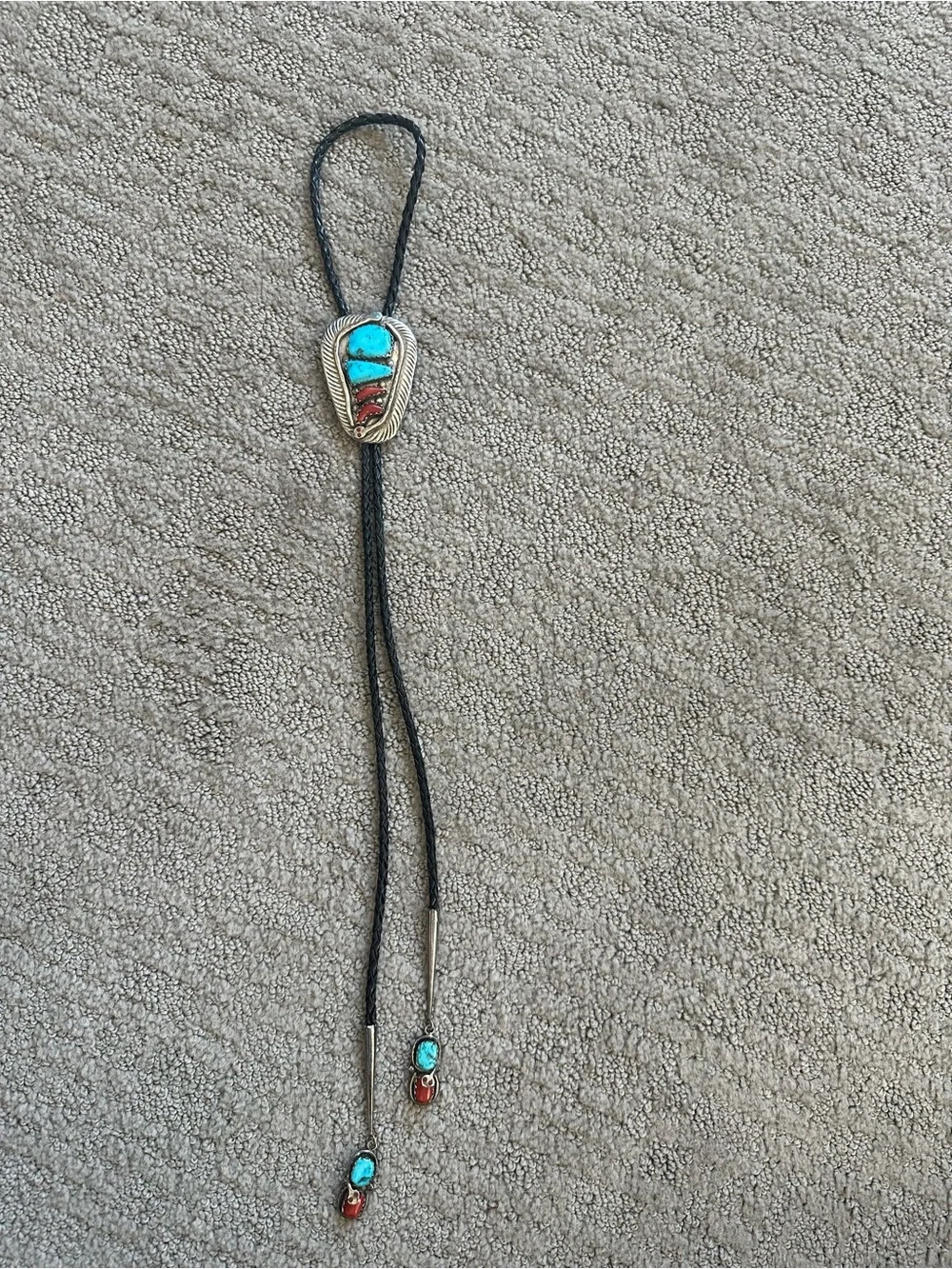 Effie Calavaza Zuni Sterling Silver Turquoise Coral Snake Bolo Tie